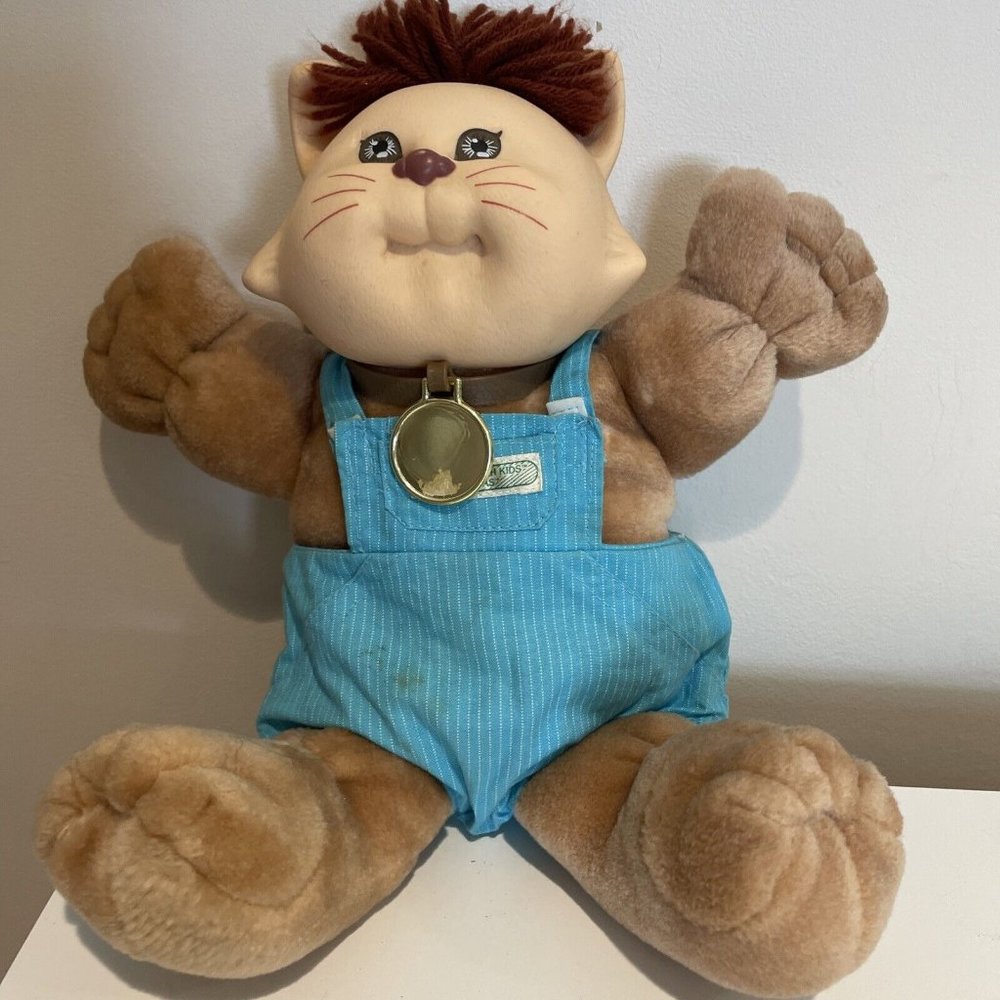 Adorable Plush Cat Doll in Blue Overalls